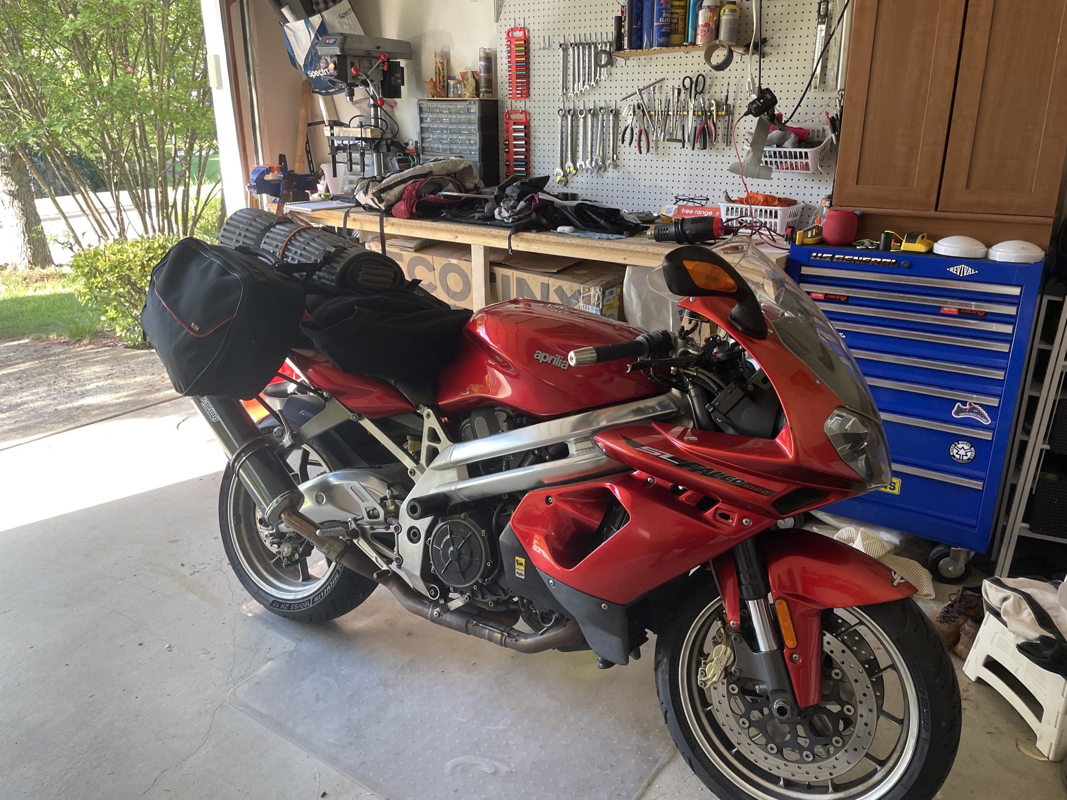 Restored red Aprilia Falco in the garage